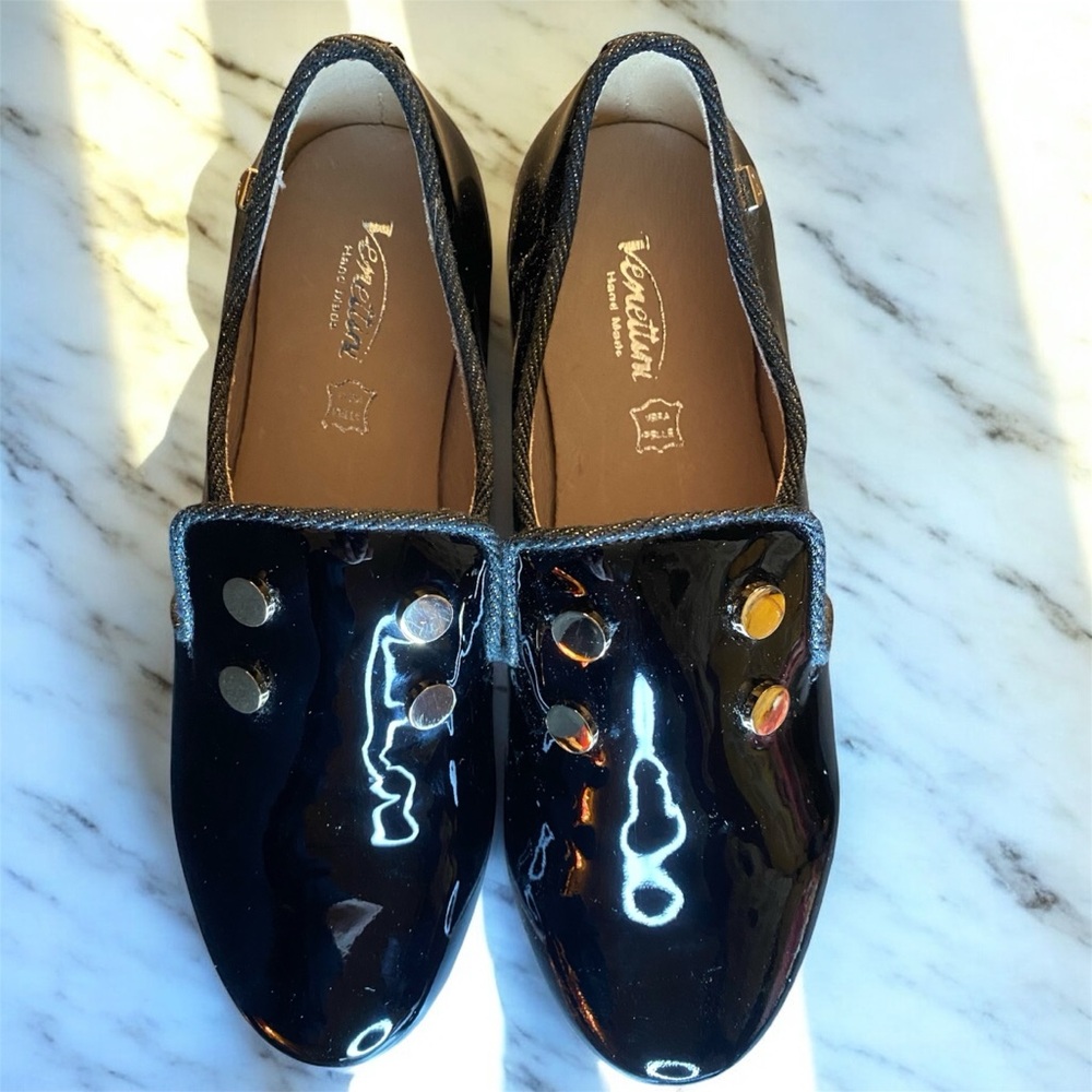 Venettini black patent leather loafers size 13 metallic studs dress shoe - Picture 2 of 7